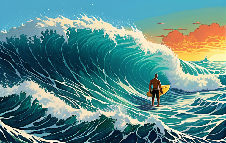 **
Prompt: A digital painting depicting a vast, bustling ocean representing OpenSea, filled with diverse and colorful NFTs like digital art, virtual real estate plots, and trading cards. In the foreground, a lone surfer struggles to navigate the overwhelming waves. The style should be slightly chaotic but vibrant, reflecting the sheer volume of listings.
**