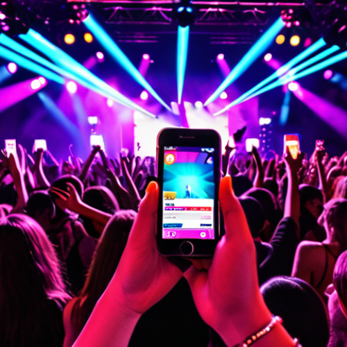 Home 21 **
Prompt: A vibrant digital concert scene. An artist performs on a stage bathed in colorful lights. In the foreground, diverse fans hold up their phones, showcasing NFT tickets as proof of exclusive access, creating a sense of community and VIP experience.
**