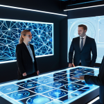 A professional, diverse group of business professionals, fully clothed in modest business suits and professional attire, standing collaboratively around a large, illuminated holographic table in a sleek, modern corporate innovation center. The holographic display projects abstract digital assets, interconnected loyalty network visuals, and subtle blockchain patterns. The scene conveys innovation and future-focused strategy. Perfect anatomy, correct proportions, natural poses, well-formed hands, proper finger count, natural body proportions, safe for work, appropriate content, fully clothed, professional, high quality, studio lighting.