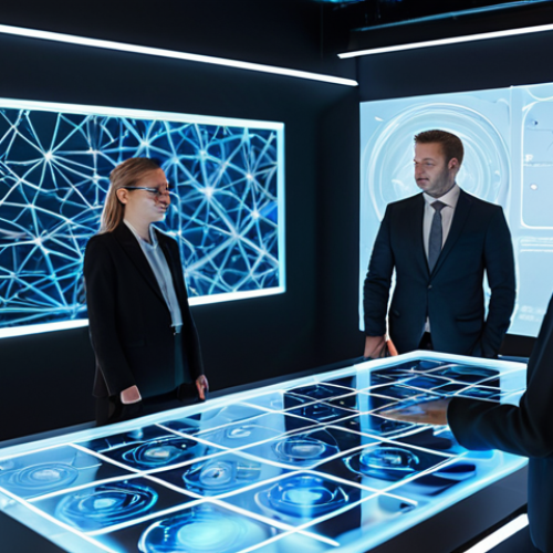 Home 9 A professional, diverse group of business professionals, fully clothed in modest business suits and professional attire, standing collaboratively around a large, illuminated holographic table in a sleek, modern corporate innovation center. The holographic display projects abstract digital assets, interconnected loyalty network visuals, and subtle blockchain patterns. The scene conveys innovation and future-focused strategy. Perfect anatomy, correct proportions, natural poses, well-formed hands, proper finger count, natural body proportions, safe for work, appropriate content, fully clothed, professional, high quality, studio lighting.