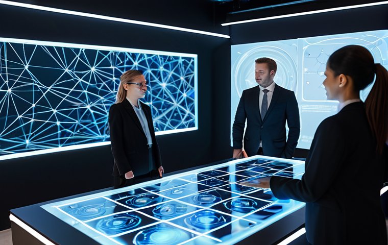 A professional, diverse group of business professionals, fully clothed in modest business suits and professional attire, standing collaboratively around a large, illuminated holographic table in a sleek, modern corporate innovation center. The holographic display projects abstract digital assets, interconnected loyalty network visuals, and subtle blockchain patterns. The scene conveys innovation and future-focused strategy. Perfect anatomy, correct proportions, natural poses, well-formed hands, proper finger count, natural body proportions, safe for work, appropriate content, fully clothed, professional, high quality, studio lighting.