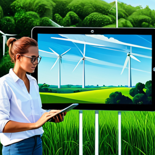 **

"An artist, fully clothed in casual, modern clothing, thoughtfully creating digital art on a tablet, displayed against a backdrop of lush greenery and wind turbines. The artwork on the tablet screen depicts an abstract, eco-conscious NFT design. Safe for work. Appropriate content. Fully clothed. Professional, perfect anatomy, natural proportions, high quality."

**