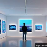 NFT의 커스터마이징 기능 활용하기 - A futuristic digital art gallery scene showcasing an NFT collection with dynamic visual elements: vi...