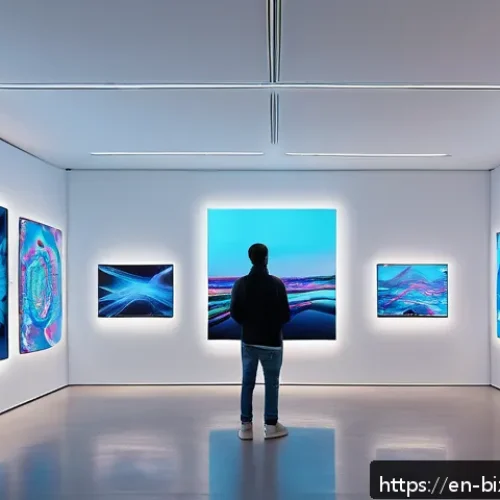 NFT의 커스터마이징 기능 활용하기 - A futuristic digital art gallery scene showcasing an NFT collection with dynamic visual elements: vi...