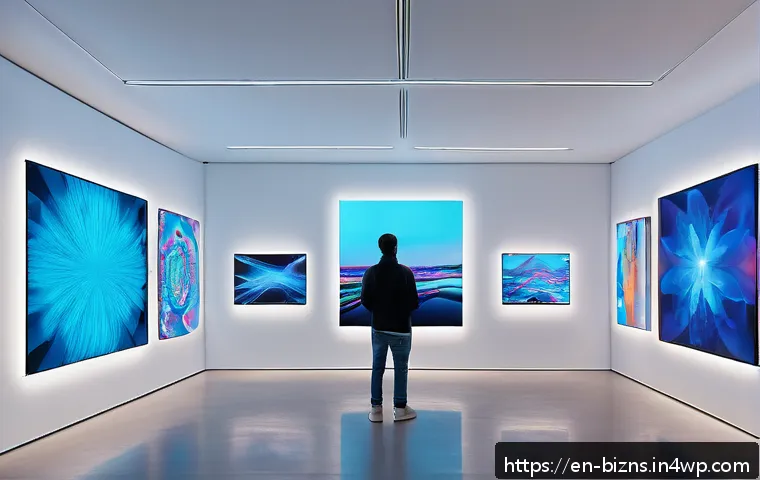 NFT의 커스터마이징 기능 활용하기 - A futuristic digital art gallery scene showcasing an NFT collection with dynamic visual elements: vi...