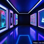 NFT로 창출할 수 있는 다양한 수익원 - A futuristic digital art gallery displaying vibrant NFT collectibles on high-tech holographic screen...