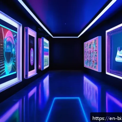 NFT로 창출할 수 있는 다양한 수익원 - A futuristic digital art gallery displaying vibrant NFT collectibles on high-tech holographic screen...