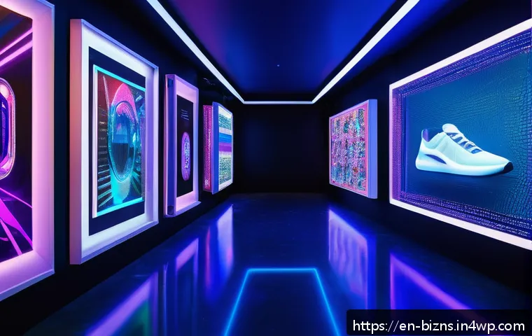 NFT로 창출할 수 있는 다양한 수익원 - A futuristic digital art gallery displaying vibrant NFT collectibles on high-tech holographic screen...