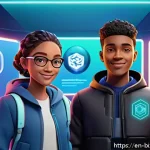 NFT 기반의 교육 콘텐츠 개발 방법 - A vibrant digital classroom scene featuring diverse students interacting with animated NFT avatars a...